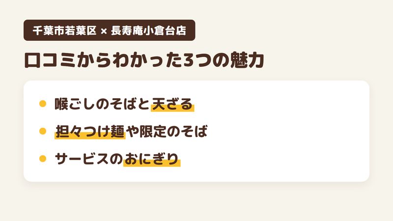 千葉市若葉区小倉台のそば屋「長寿庵小倉台店」の口コミからわかった3つの魅力（喉ごしのよいそばと天ざる／担々つけ麺や限定のそば／サービスのおにぎりと大盛り）をまとめた画像