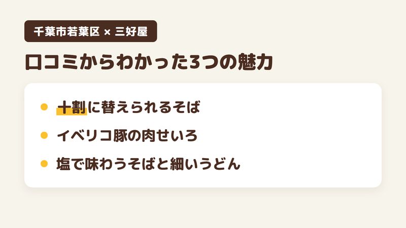 千葉市若葉区加曽利町のそば屋「三好屋」の口コミからわかった3つの魅力（十割に替えられるそば／イベリコ豚の肉せいろ／塩で味わうそばと細いうどん）をまとめた画像