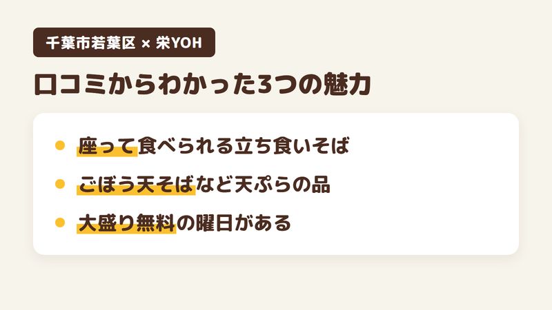 千葉市若葉区みつわ台の立ち食いそばの店「栄YOH」の口コミからわかった3つの魅力（座って食べられる立ち食いそば／ごぼう天そばなど天ぷらをのせたそば／大盛り無料の曜日と、うどんの新しい品）をまとめた画像