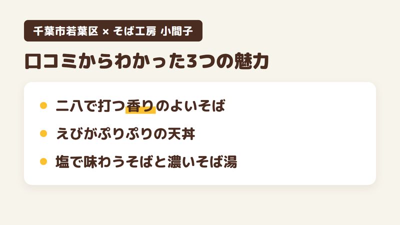 千葉市若葉区小間子町のそば屋「そば工房 小間子」の口コミからわかった3つの魅力（二八で打つ香りのよいそば／えびがぷりぷりの天丼／塩で味わうそばと濃いそば湯）をまとめた画像